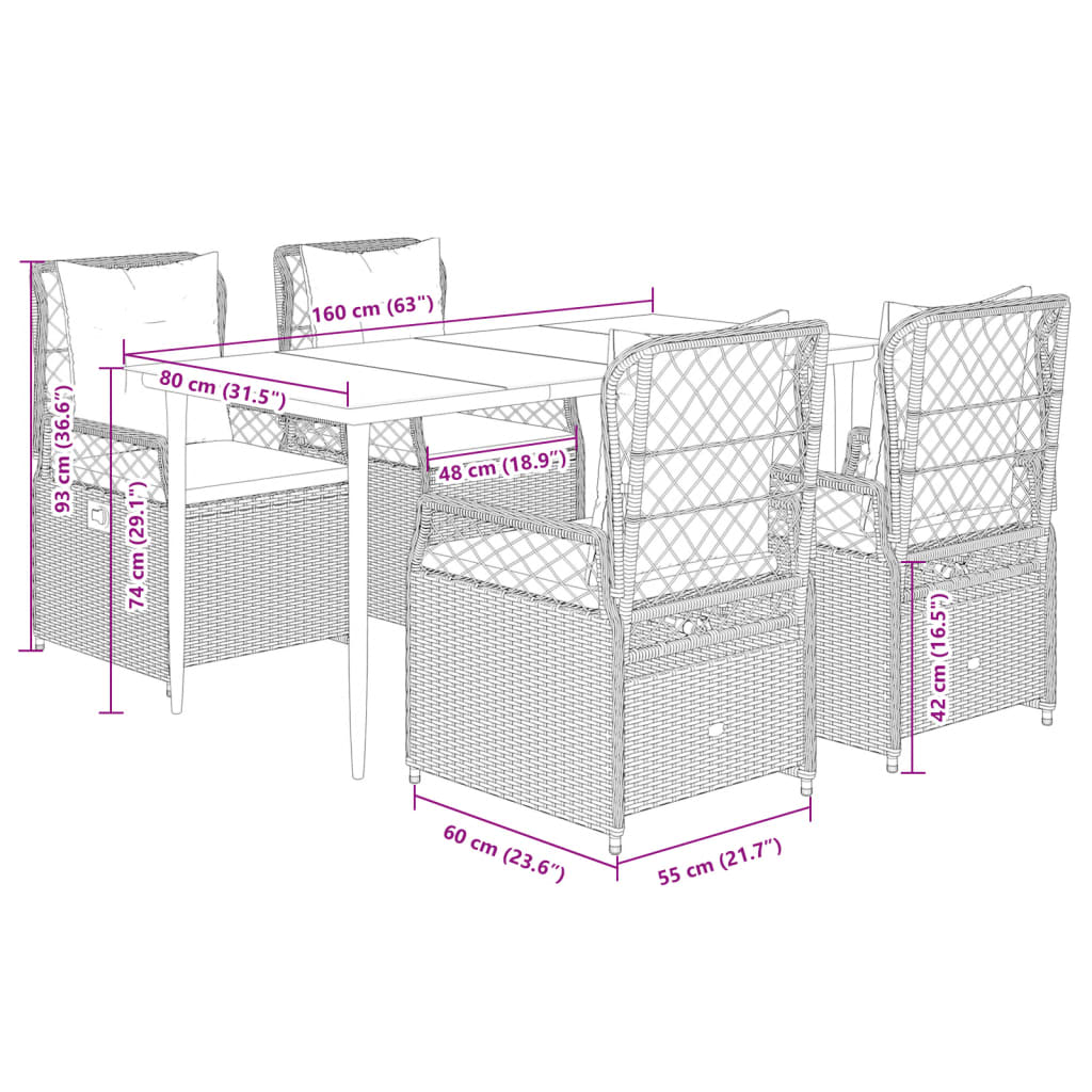 Set Pranzo da Giardino 5pz con Cuscini Grigio Chiaro Polyrattan