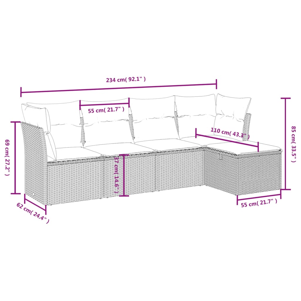 Set Divano da Giardino 5 pz con Cuscini Beige in Polyrattan