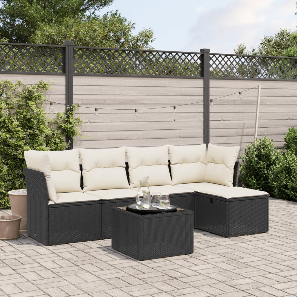 Set Divano da Giardino 6 pz con Cuscini Nero in Polyrattan