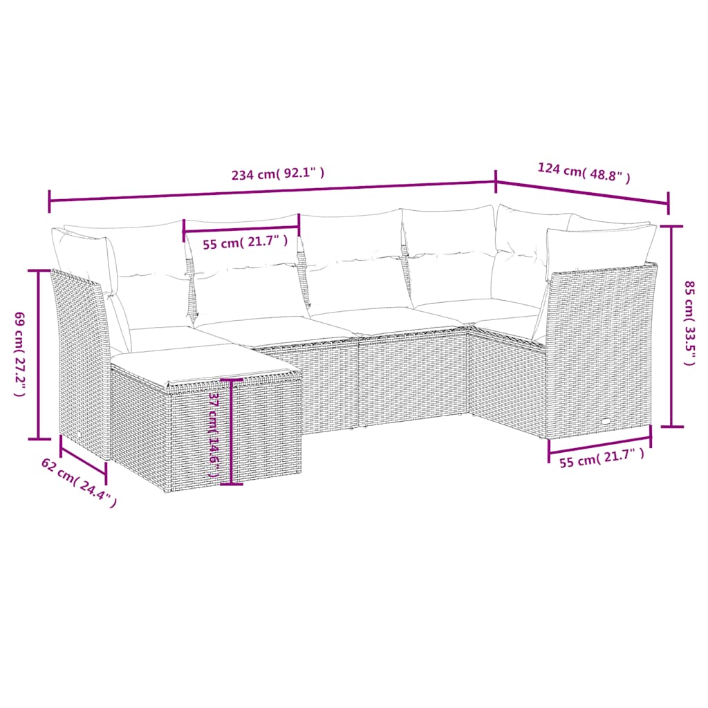 Set Divano da Giardino 6 pz con Cuscini Nero in Polyrattan