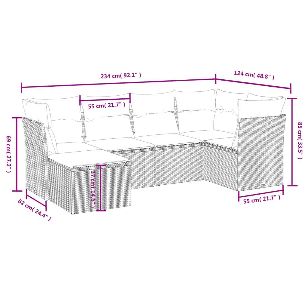 Set Divano da Giardino 6 pz con Cuscini Grigio in Polyrattan