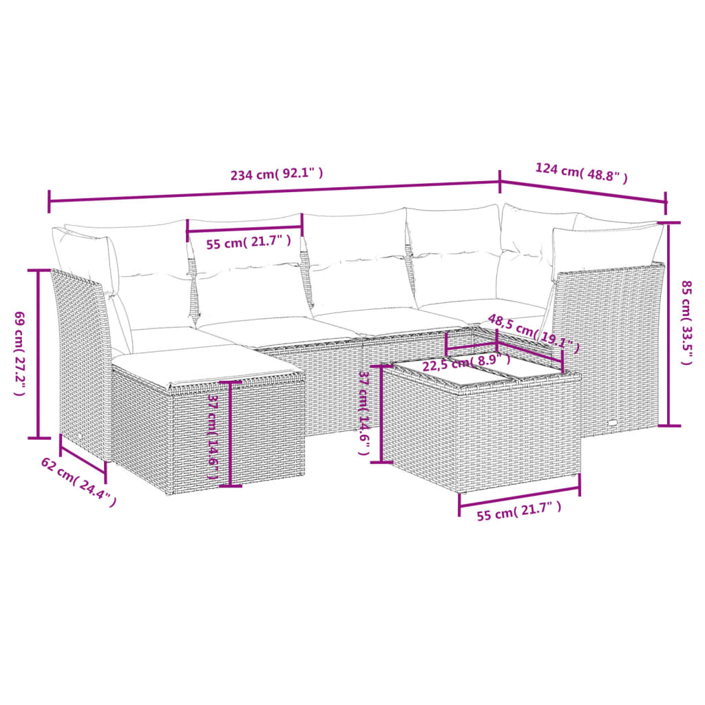 Set Divani da Giardino 7pz con Cuscini Grigio Chiaro Polyrattan