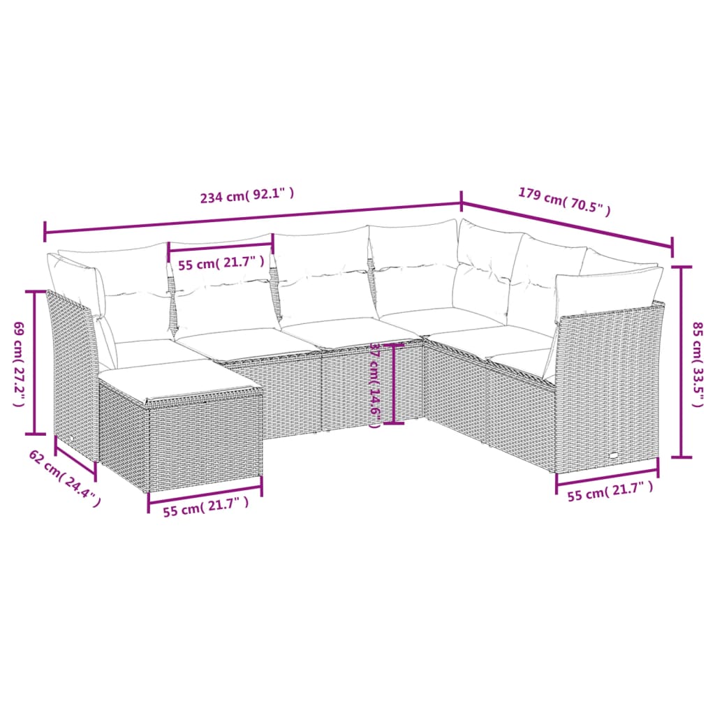 Set Divani da Giardino 7pz con Cuscini Grigio Chiaro Polyrattan
