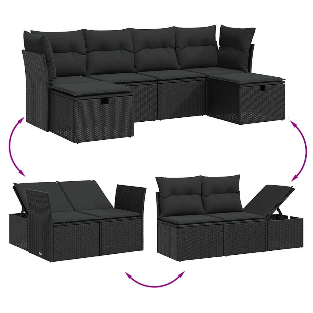 Set Divano da Giardino 6 pz con Cuscini Nero in Polyrattan