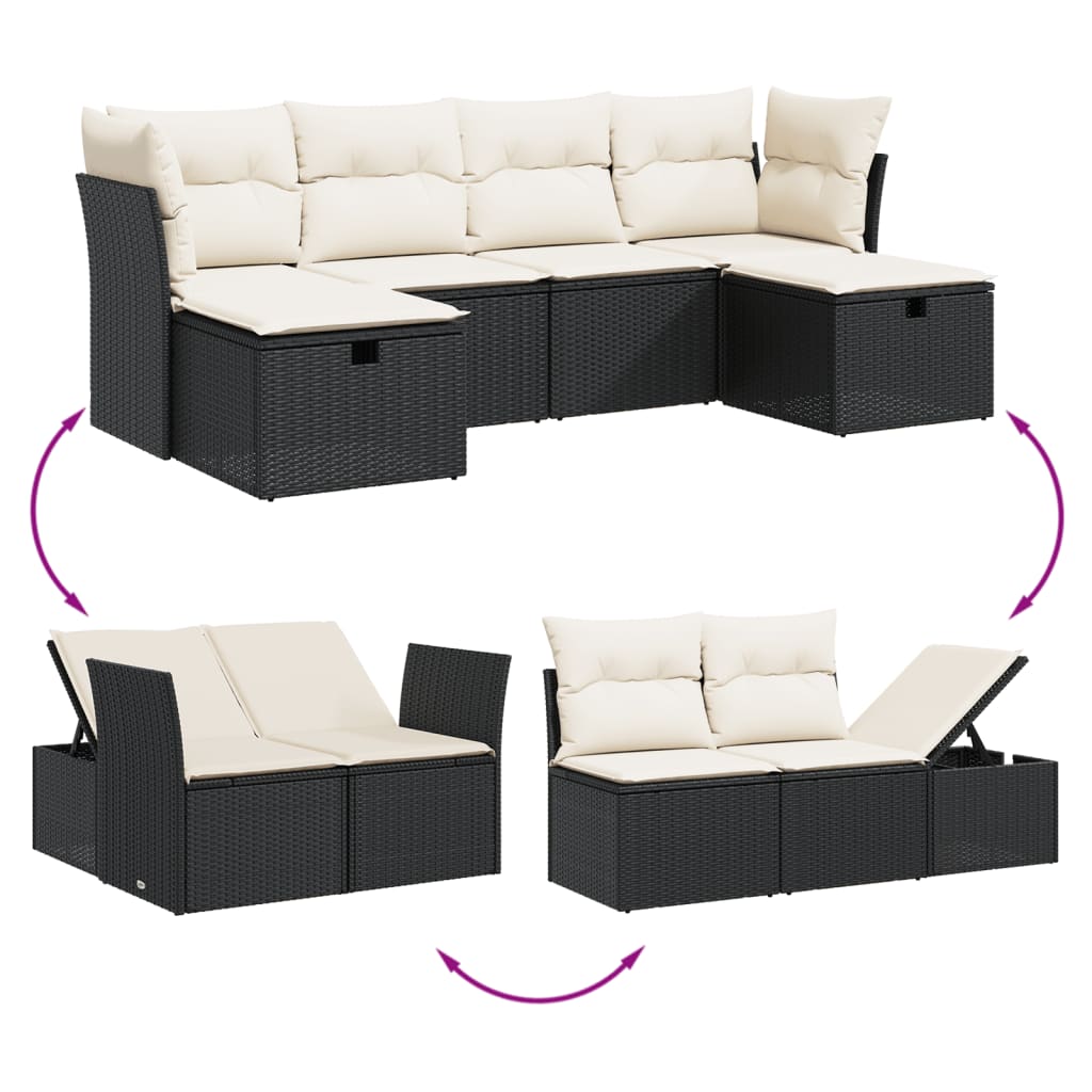 Set Divano da Giardino 6 pz con Cuscini Nero in Polyrattan