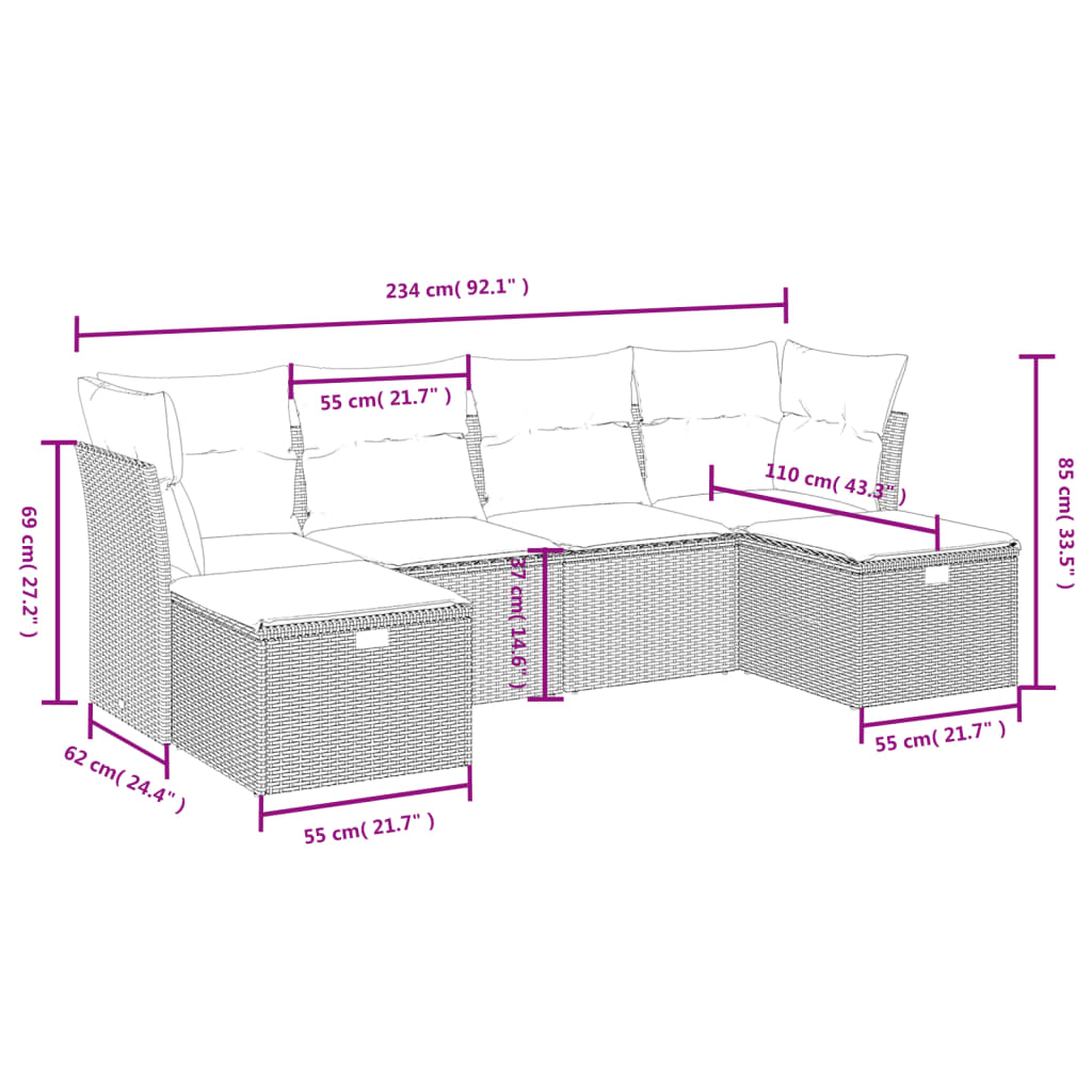 Set Divano da Giardino 6 pz con Cuscini Beige in Polyrattan