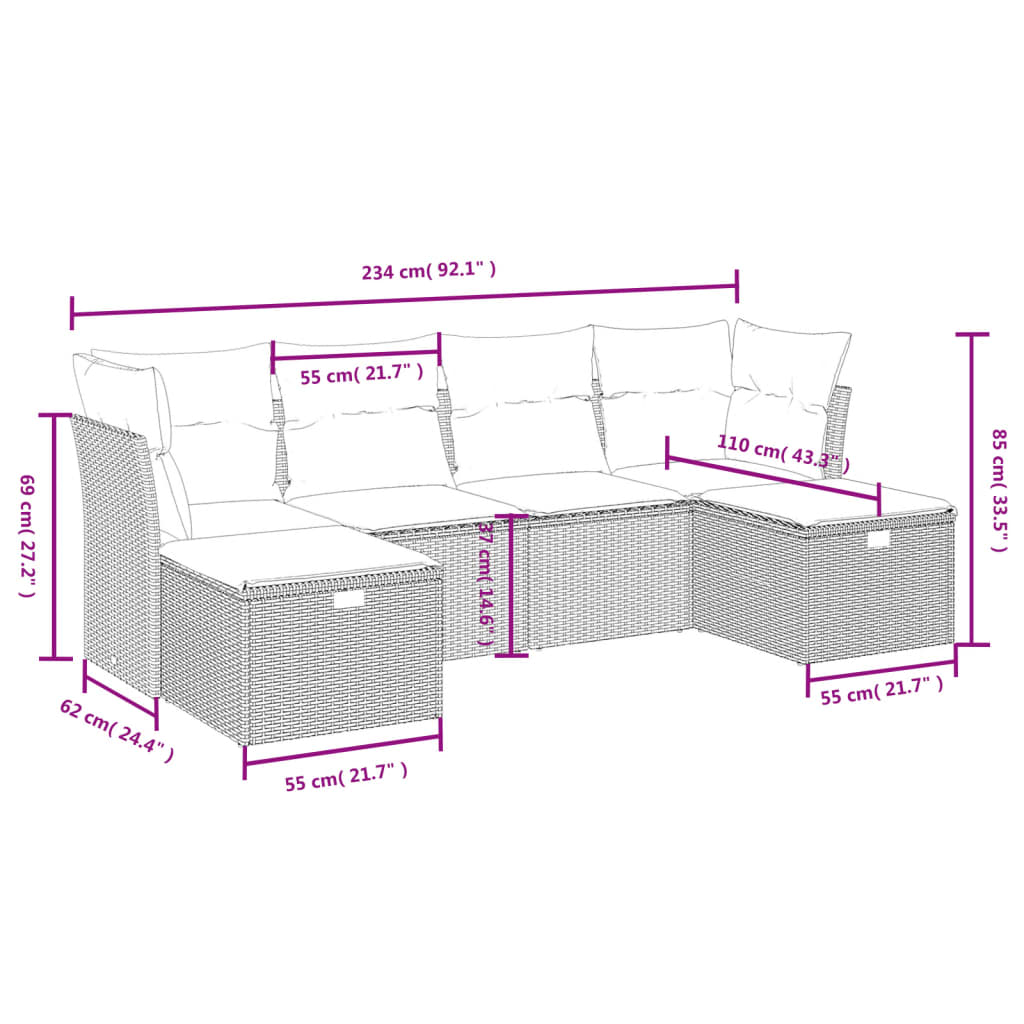 Set Divano da Giardino 6 pz con Cuscini Grigio in Polyrattan