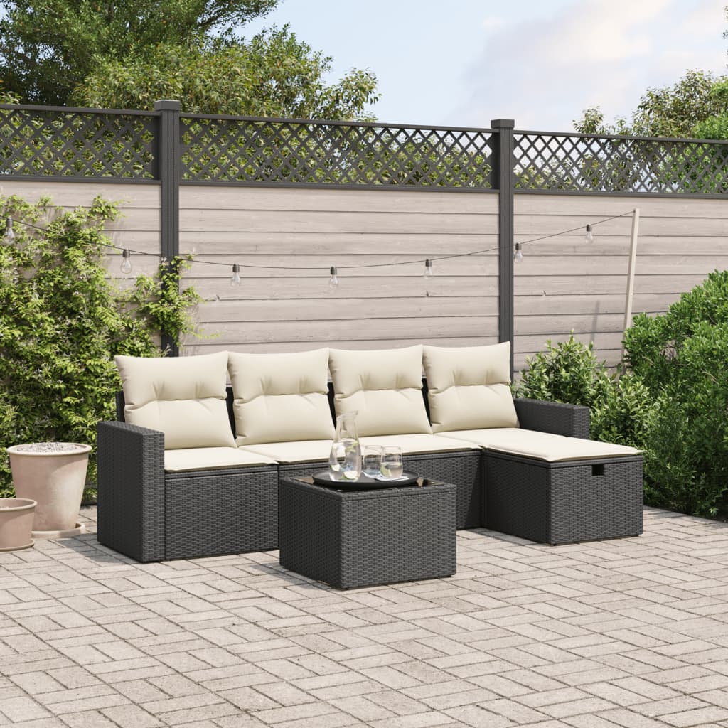 Set Divano da Giardino 6 pz con Cuscini Nero in Polyrattan