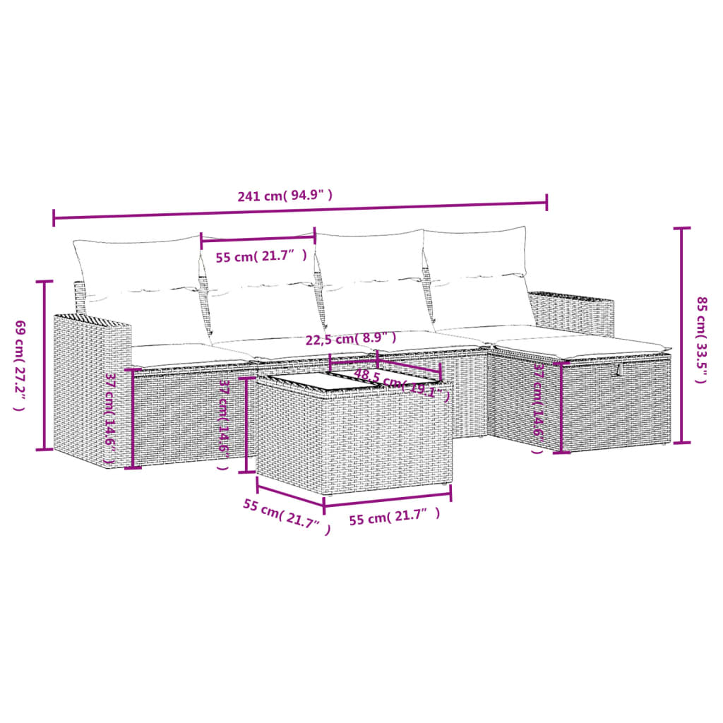 Set Divano da Giardino 6 pz con Cuscini Beige in Polyrattan