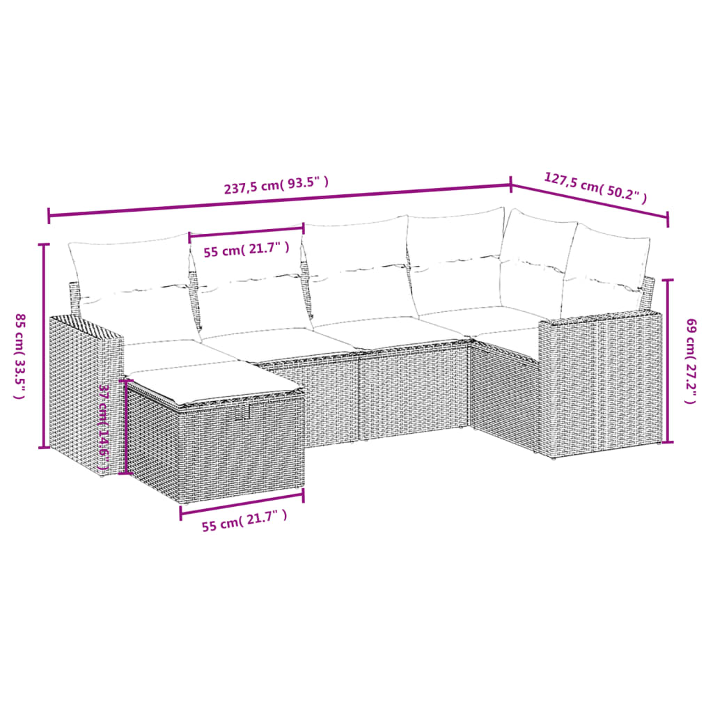 Salotto da giardino 6 pezzi beige in rattan PE sfoderabile