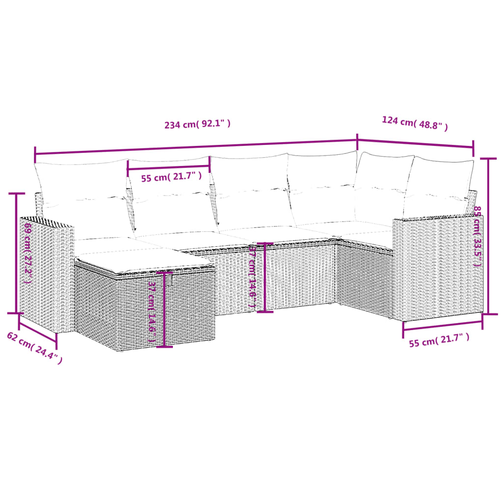Set Divano da Giardino 6pz con Cuscini Grigio Chiaro Polyrattan