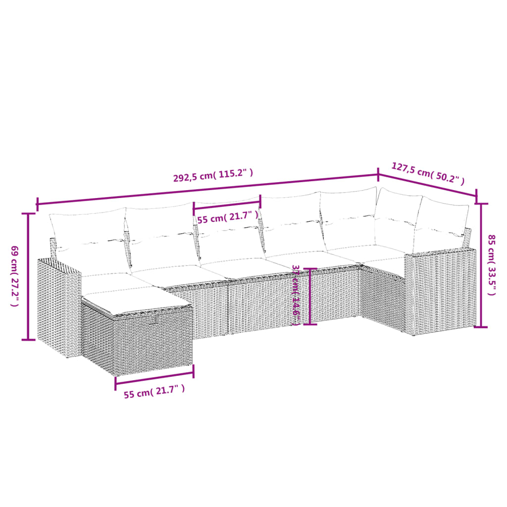 Set Divani da Giardino 7pz con Cuscini Grigio Chiaro Polyrattan