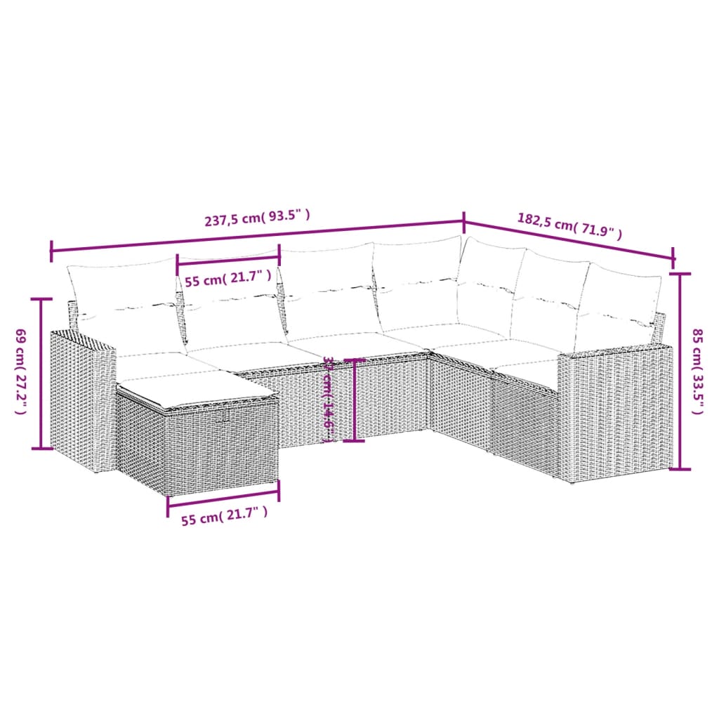 Set Divani da Giardino 7pz con Cuscini Grigio Chiaro Polyrattan
