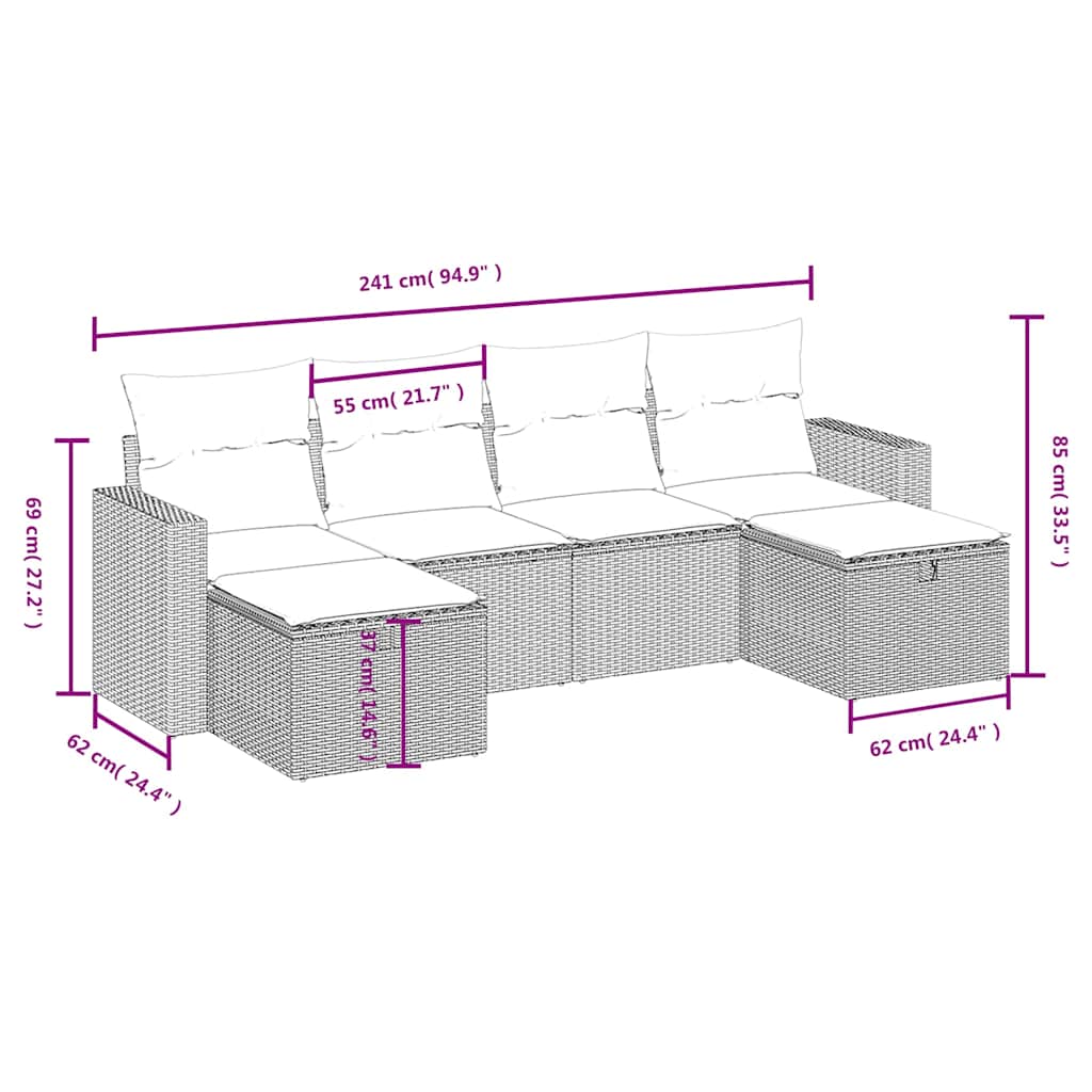 Set Divano da Giardino 6 pz con Cuscini Nero in Polyrattan