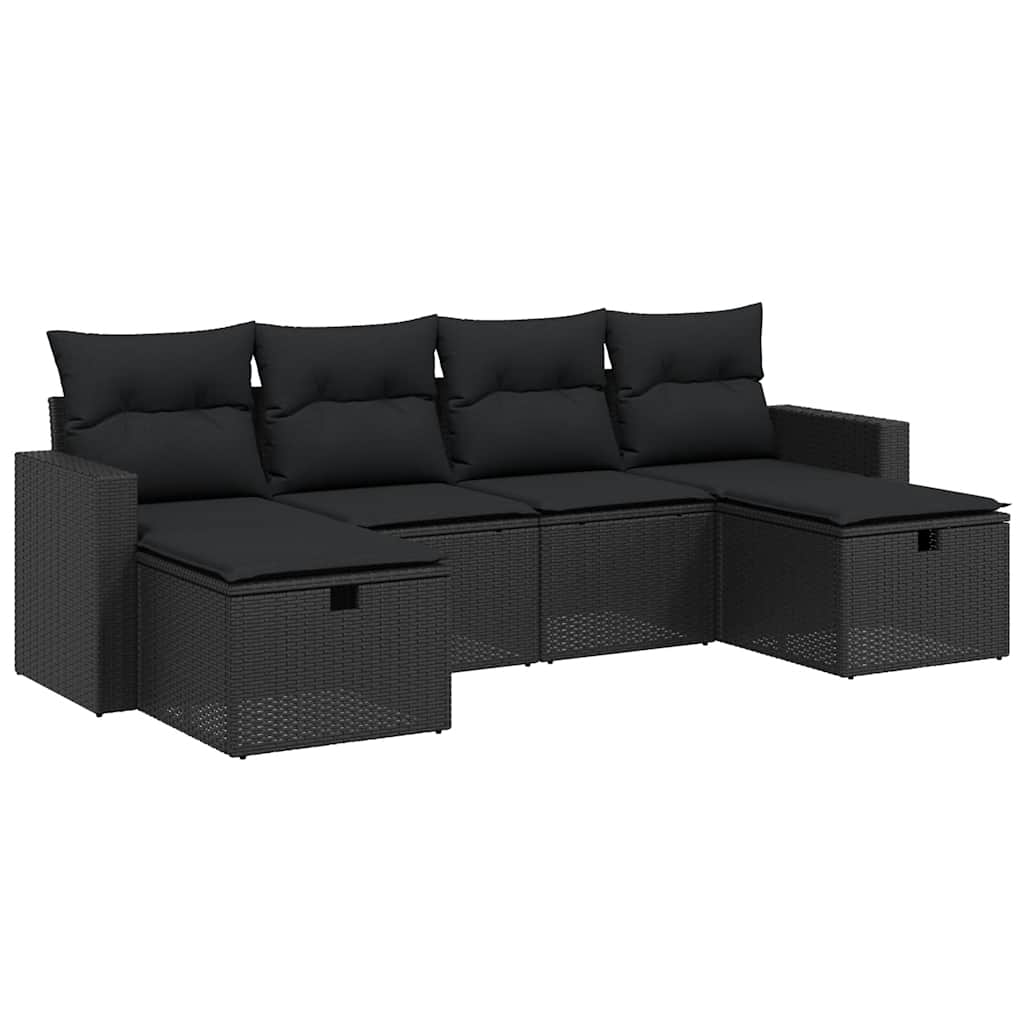 Set Divano da Giardino 6 pz con Cuscini Nero in Polyrattan