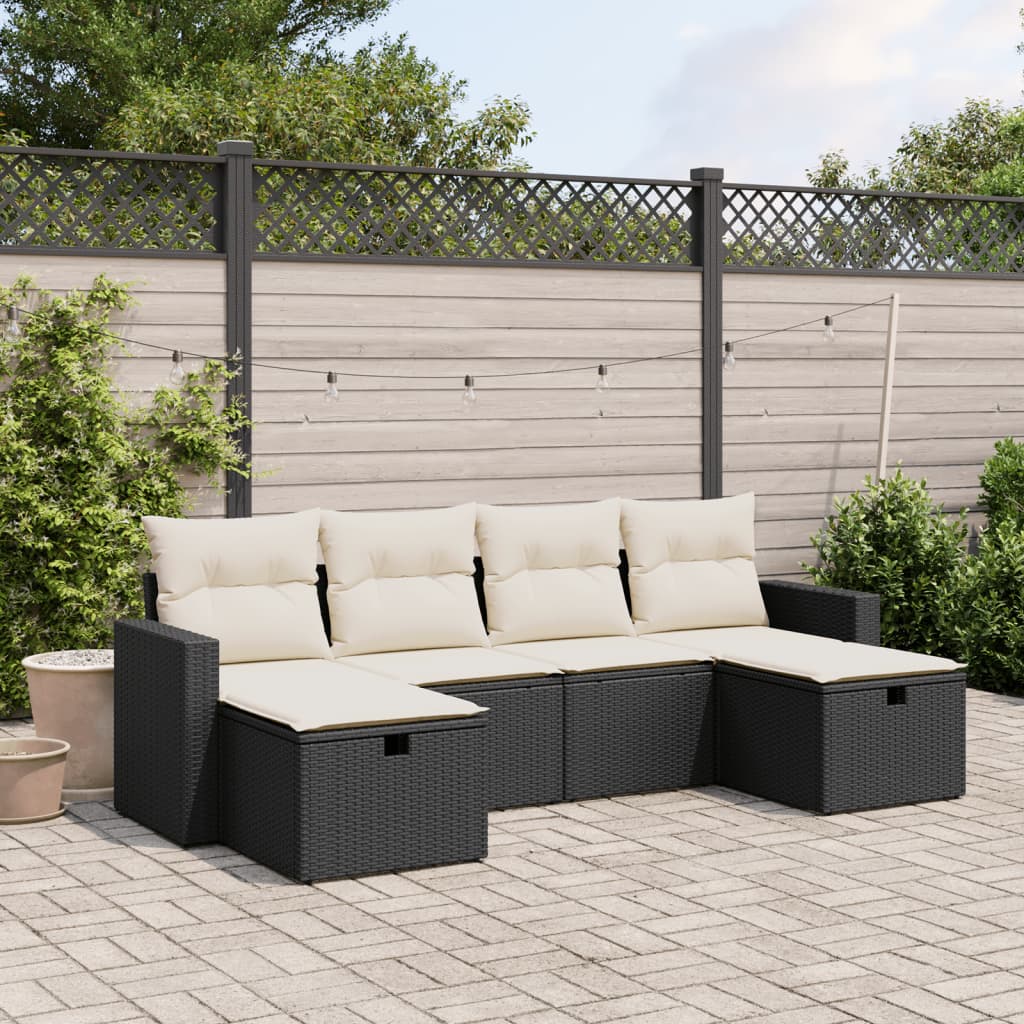 Set da giardino nero in polyrattan, 6 pezzi con cuscini