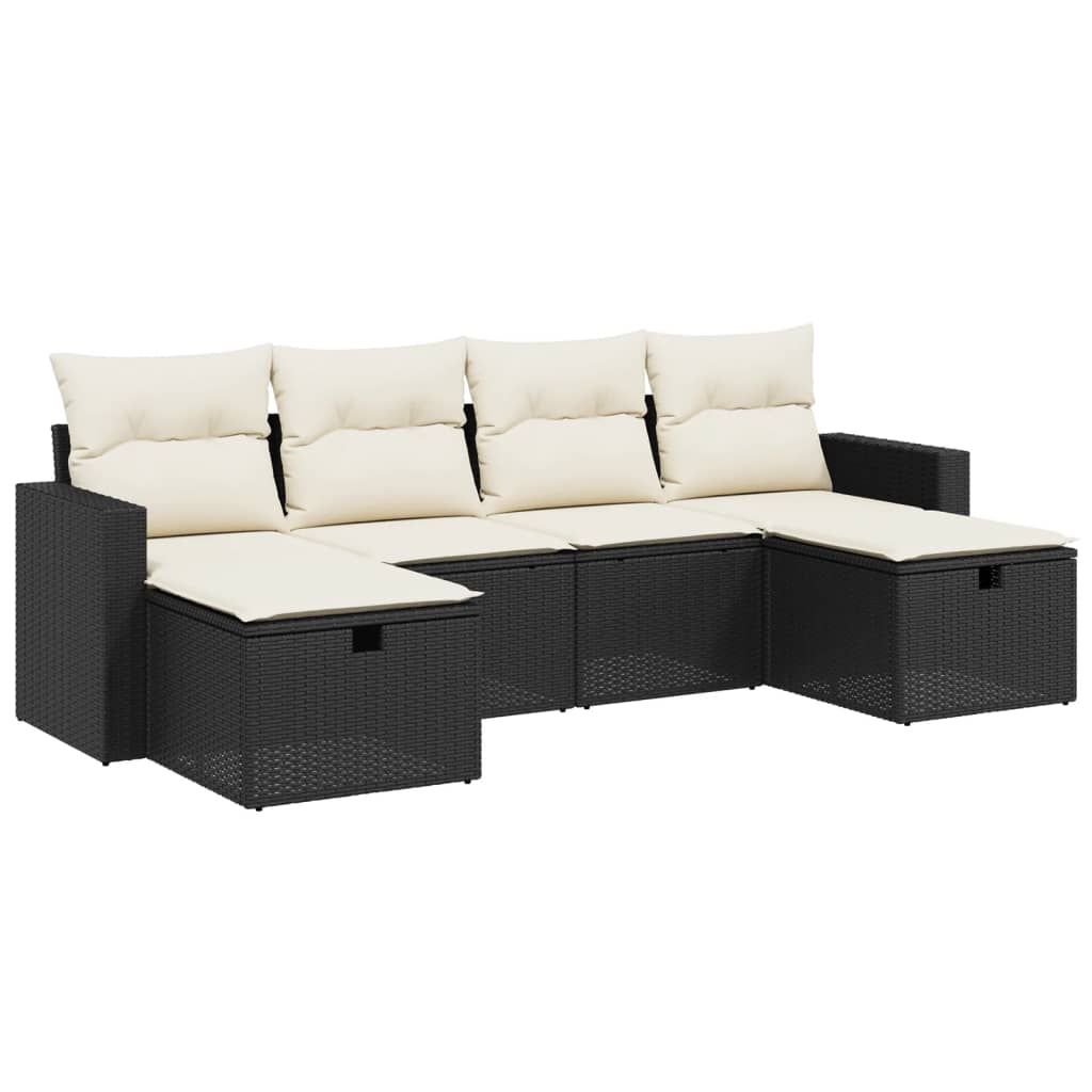 Set da giardino nero in polyrattan, 6 pezzi con cuscini