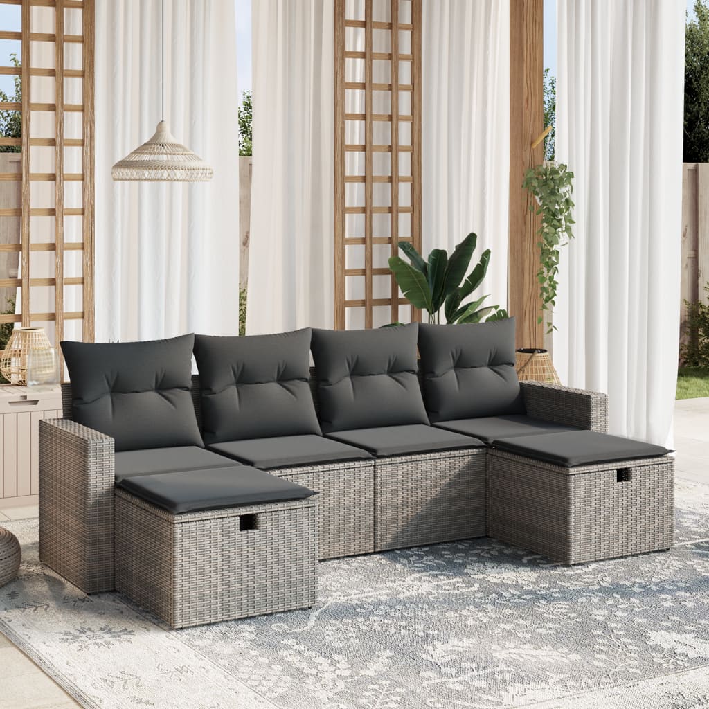 Salotto da giardino grigio 6 pezzi in rattan PE con cuscini