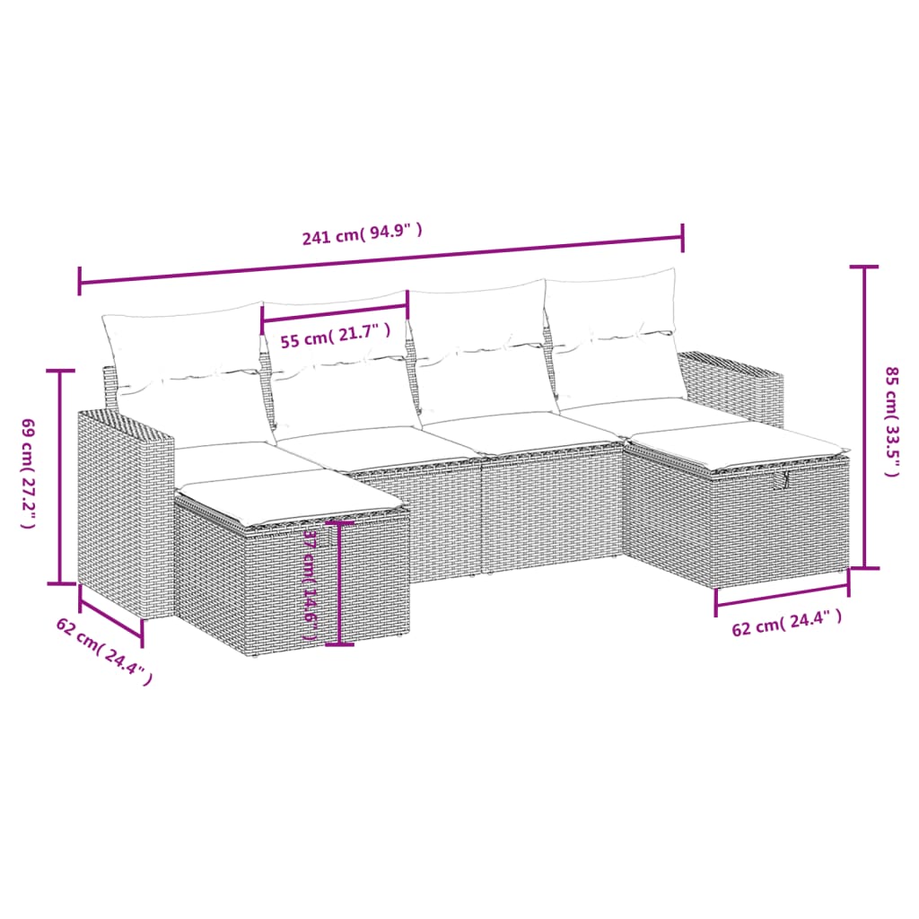 Salotto da giardino grigio 6 pezzi in rattan PE con cuscini