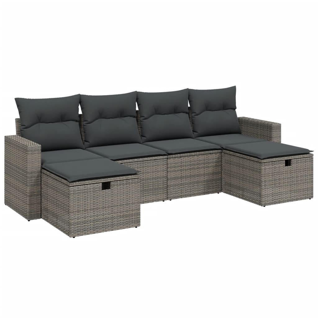 Salotto da giardino grigio 6 pezzi in rattan PE con cuscini