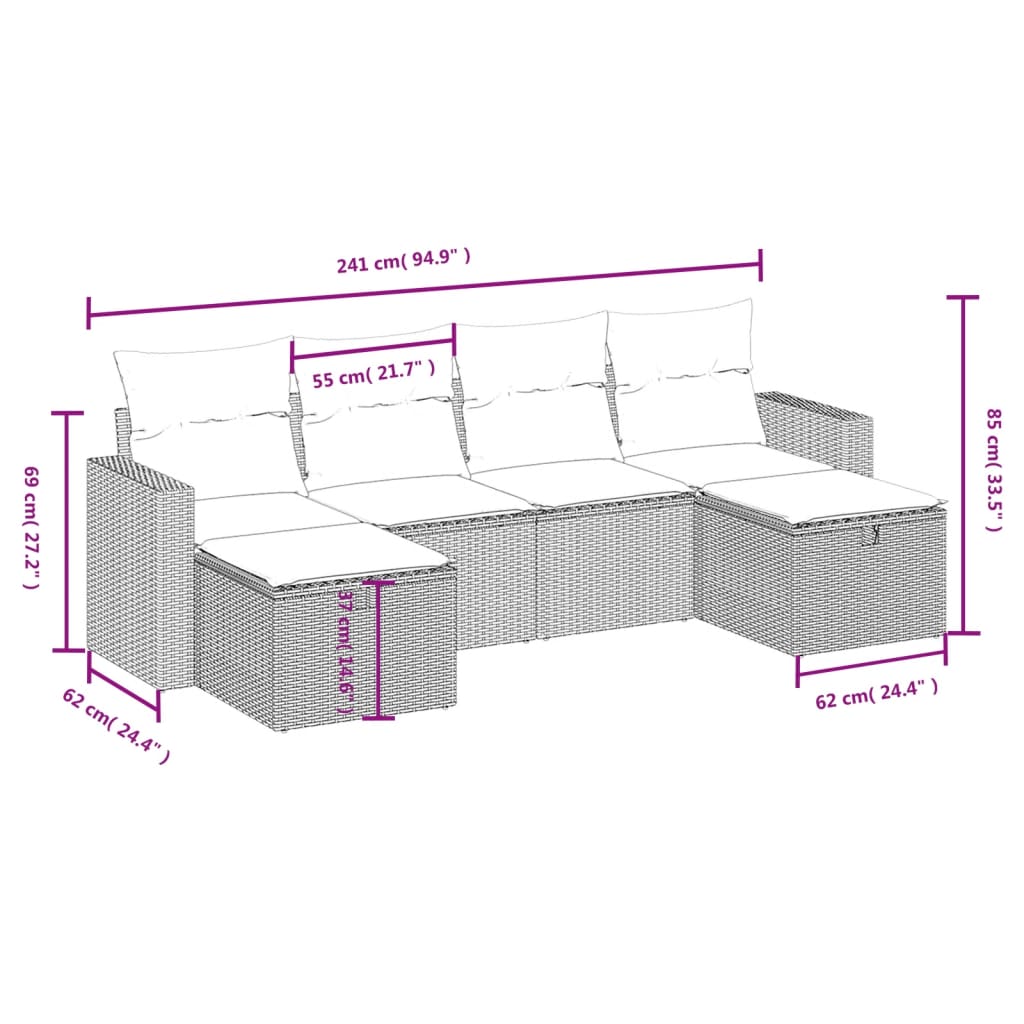 Set Divano da Giardino 6pz con Cuscini Grigio Chiaro Polyrattan