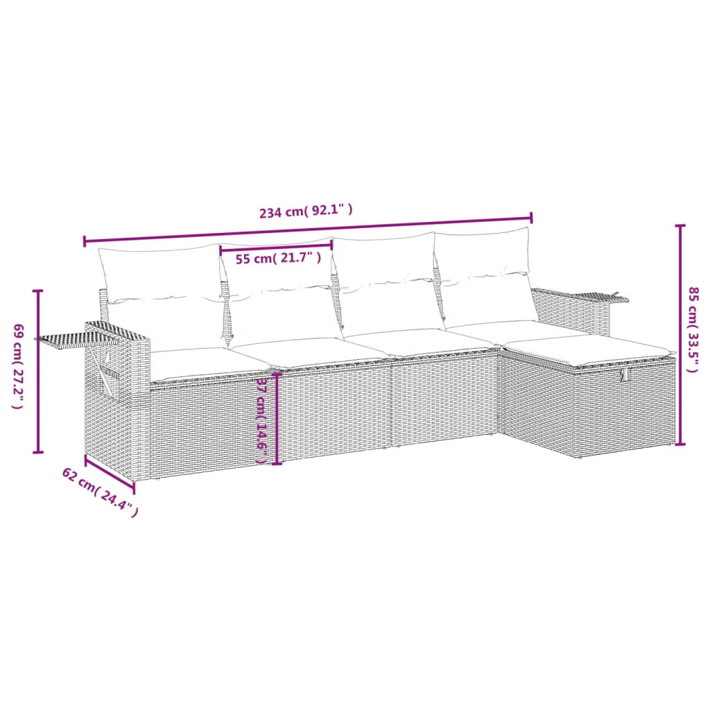 Set Divano da Giardino 5 pz con Cuscini Beige Misto Polyrattan