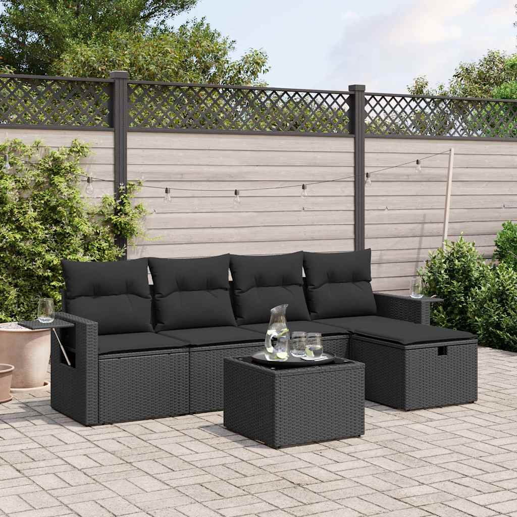 Salotto da giardino nero 6 pz in rattan PE con tavolino