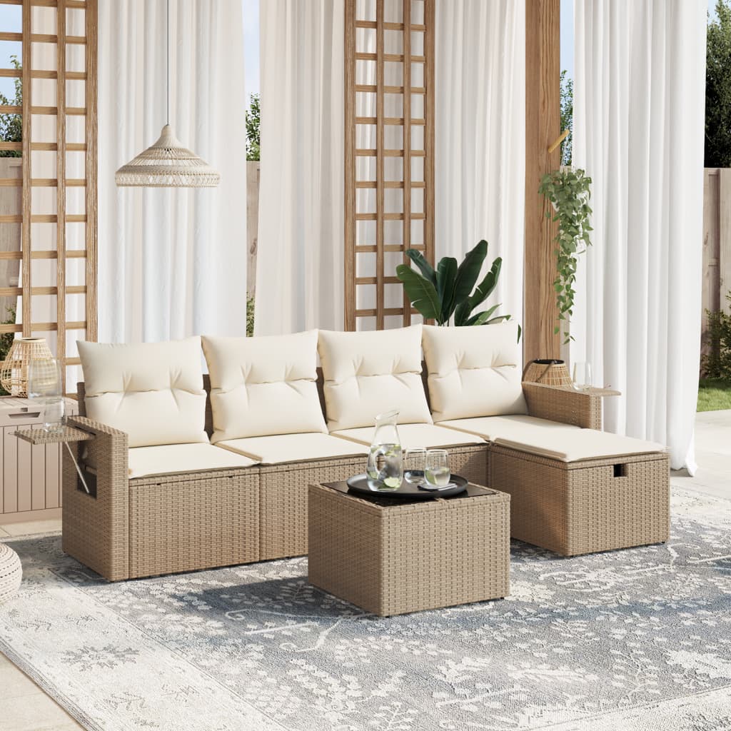 Set Divano da Giardino 6 pz con Cuscini Beige in Polyrattan