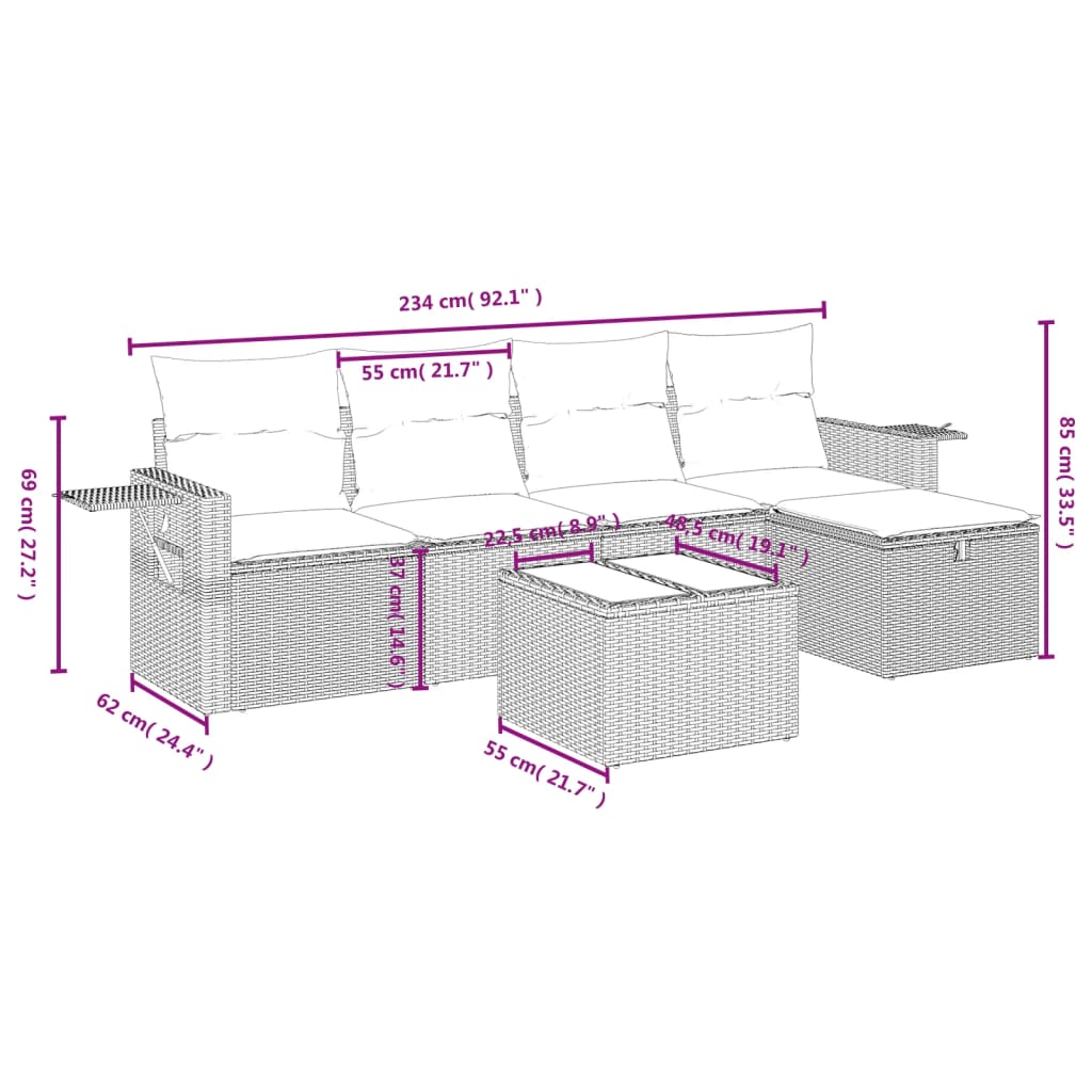 Set Divano da Giardino 6 pz con Cuscini Grigio in Polyrattan