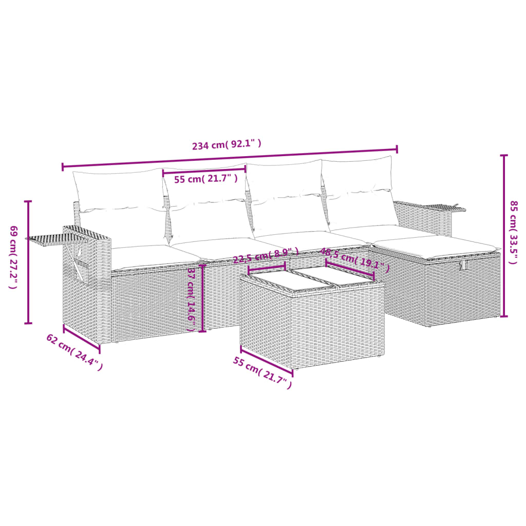 Set Divano da Giardino 6pz con Cuscini Grigio Chiaro Polyrattan