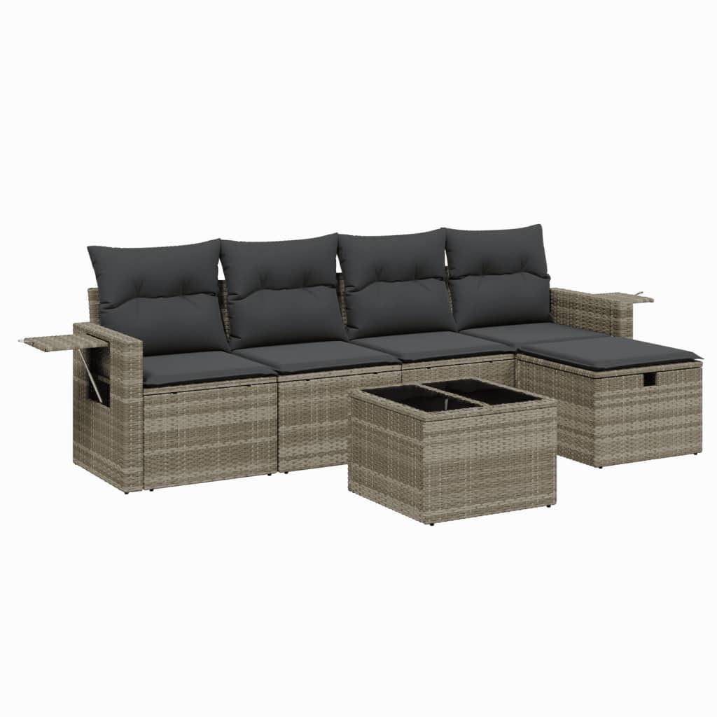 Set Divano da Giardino 6pz con Cuscini Grigio Chiaro Polyrattan