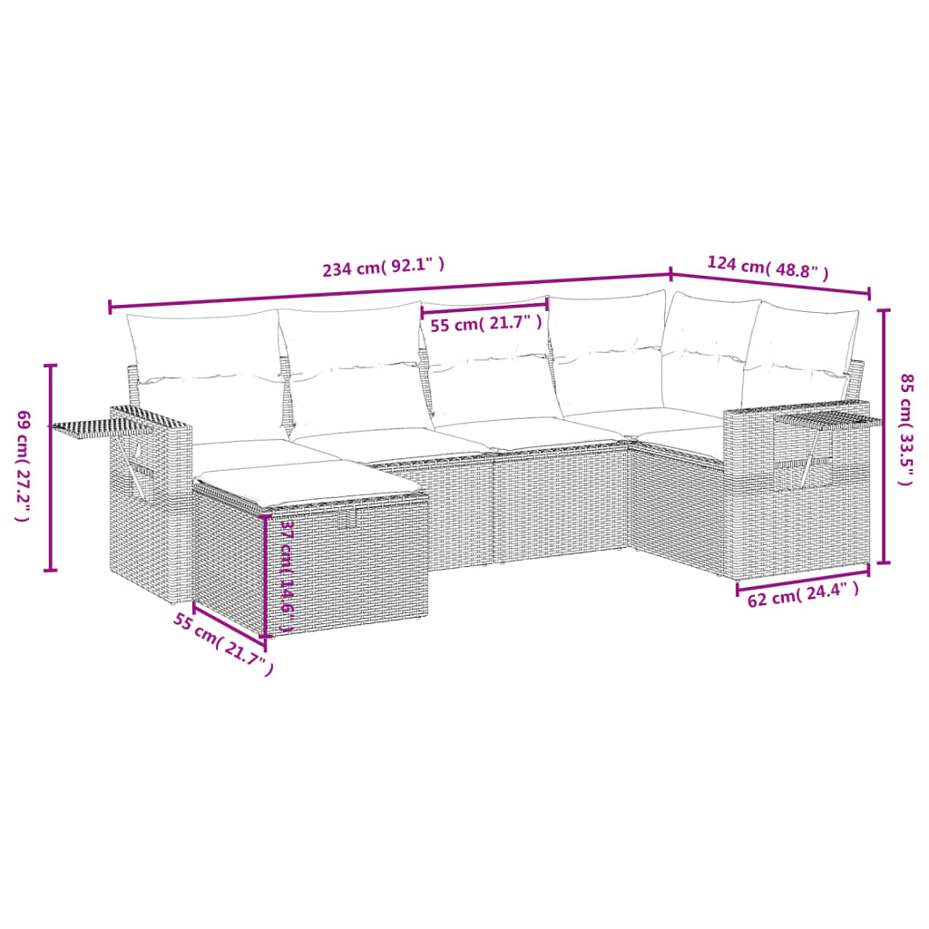Set Divano da Giardino 6pz con Cuscini Grigio Chiaro Polyrattan
