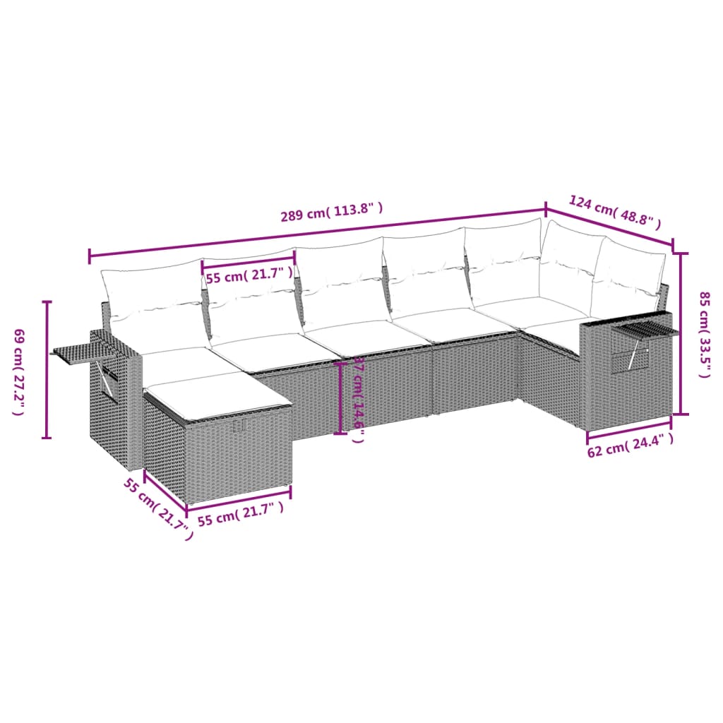 Set Divani da Giardino 7pz con Cuscini Grigio Chiaro Polyrattan