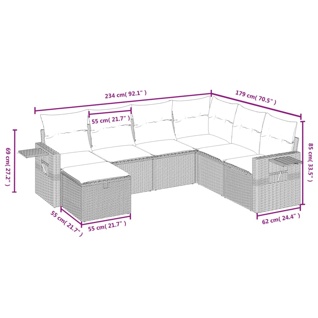 Set Divani da Giardino 7pz con Cuscini Grigio Chiaro Polyrattan