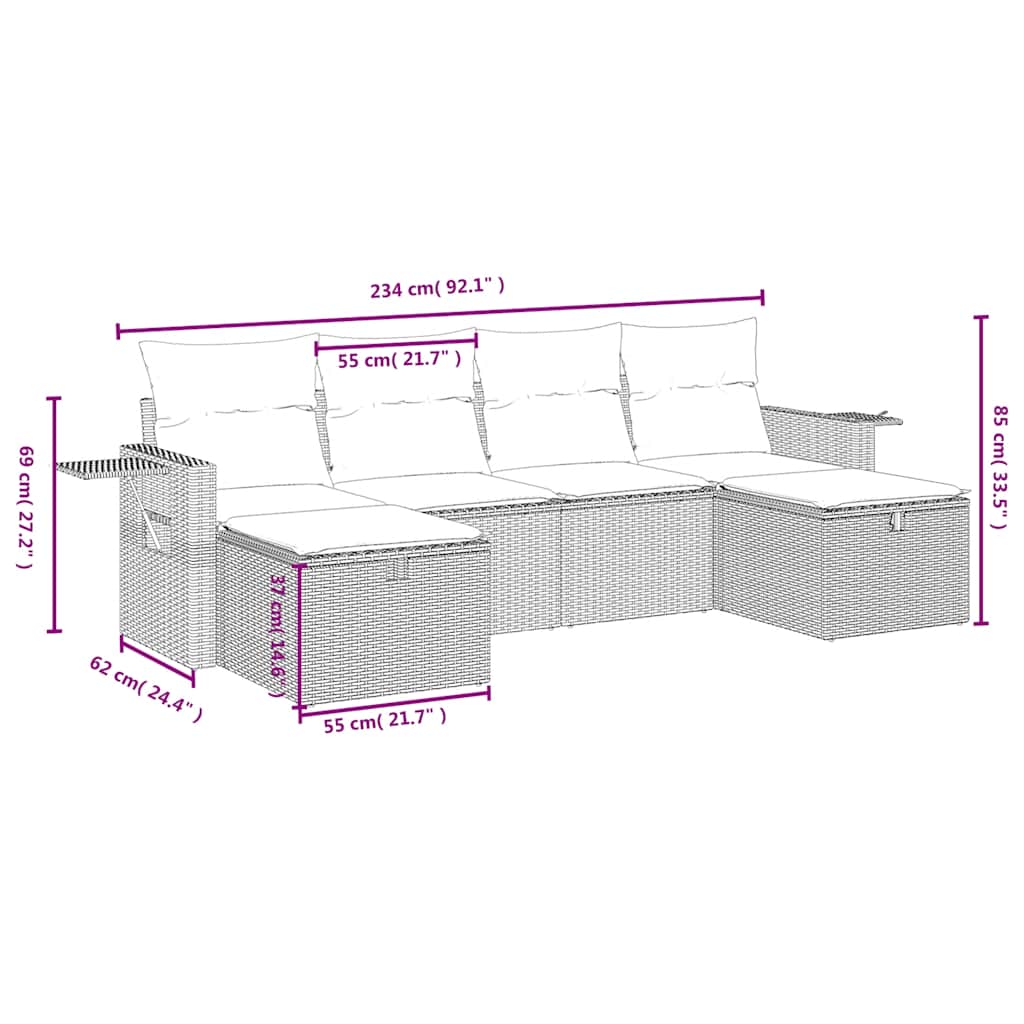 Set Divano da Giardino 6 pz con Cuscini Nero in Polyrattan