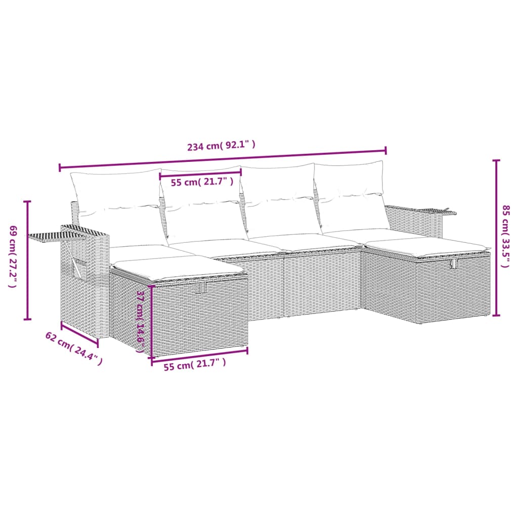 Set Divano da Giardino 6 pz con Cuscini Grigio in Polyrattan