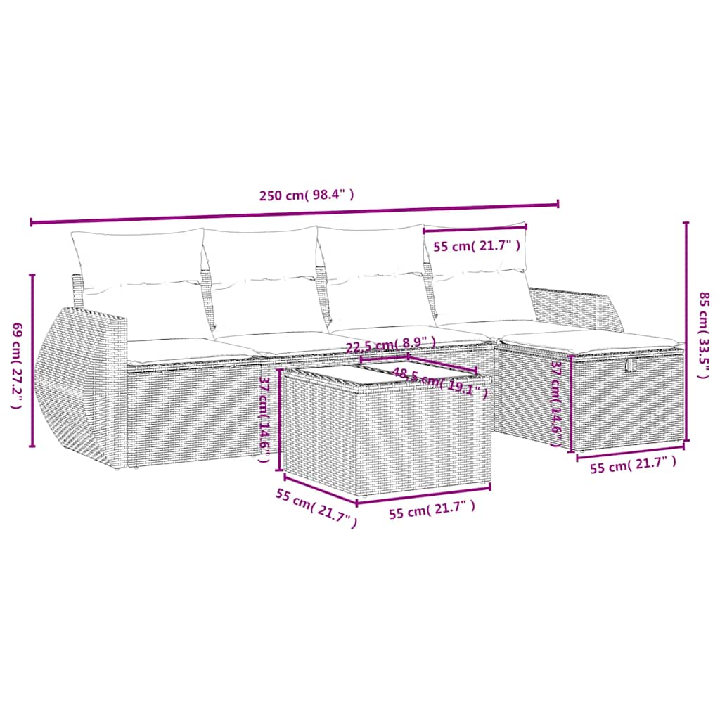 Set Divano da Giardino 6 pz con Cuscini Nero in Polyrattan