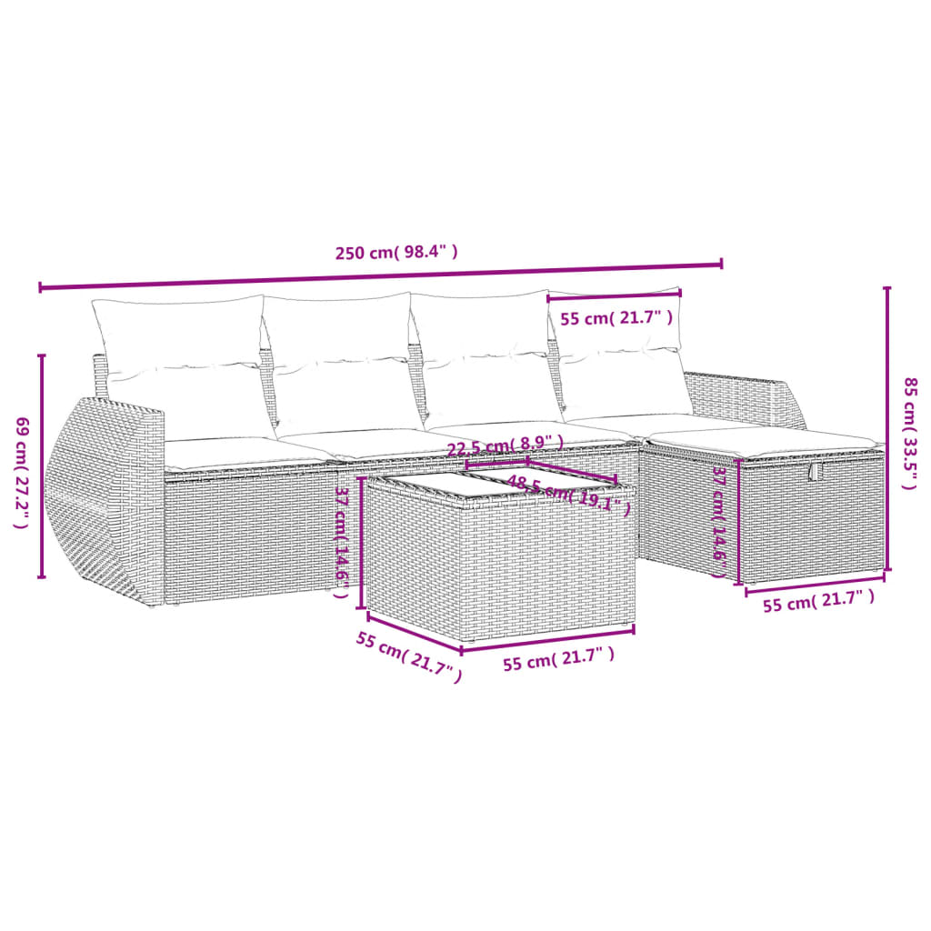 Set Divano da Giardino 6 pz con Cuscini Nero in Polyrattan