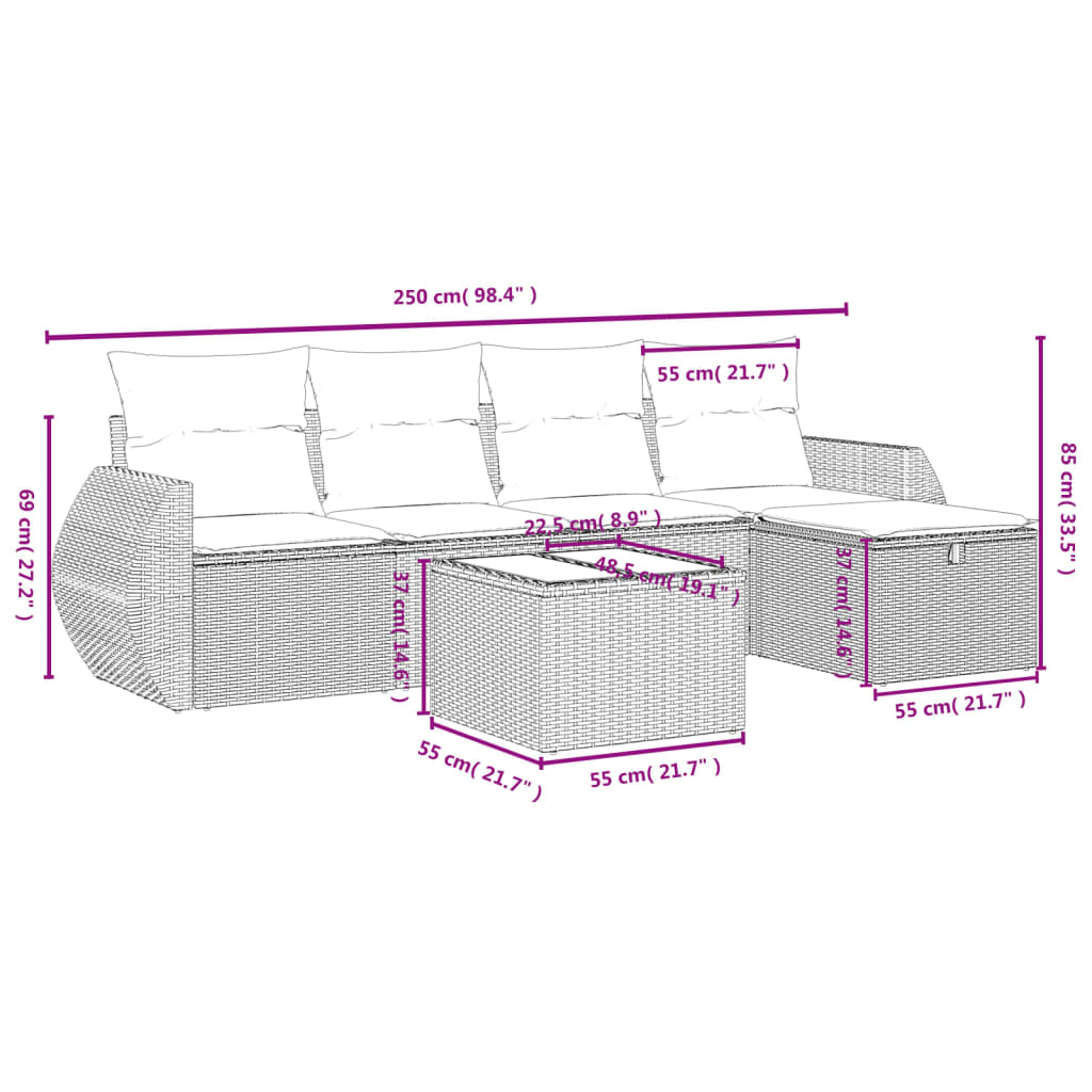 Set Divano da Giardino 6 pz con Cuscini Beige in Polyrattan