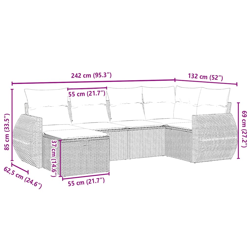 Set Divano da Giardino 6pz con Cuscini Grigio Chiaro Polyrattan