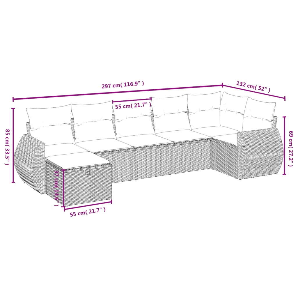 Set Divani da Giardino 7 pz con Cuscini Grigio in Polyrattan
