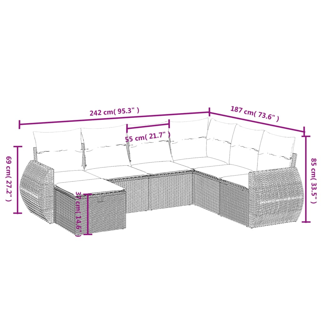 Set Divani da Giardino 7 pz con Cuscini Grigio in Polyrattan
