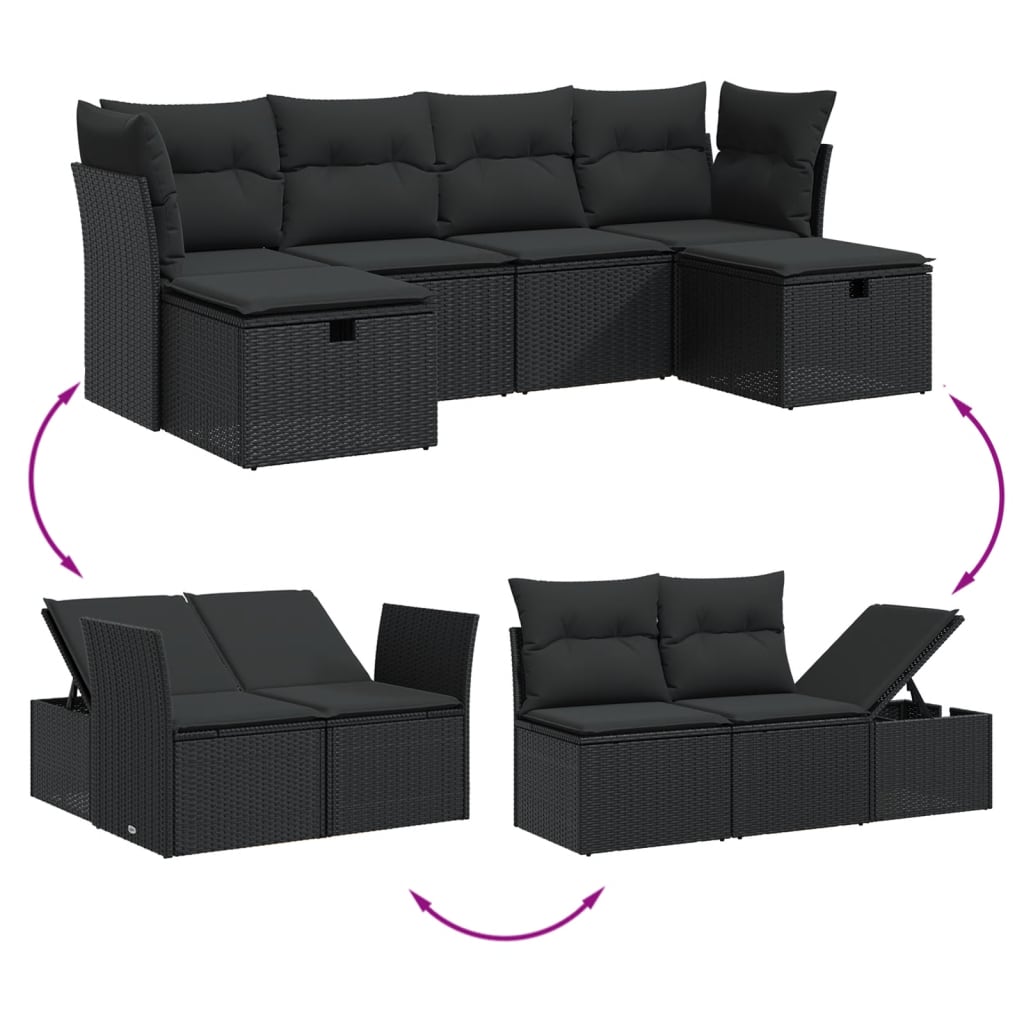 Set Divano da Giardino 6 pz con Cuscini Nero in Polyrattan