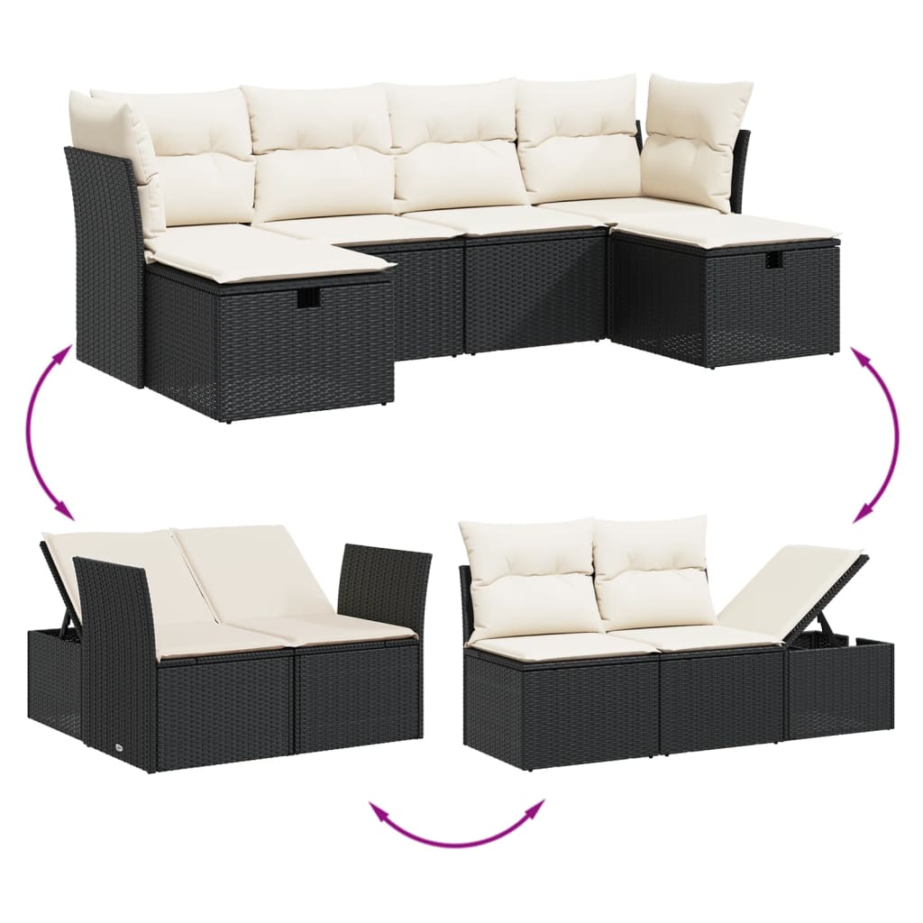 Set Divano da Giardino 6 pz con Cuscini Nero in Polyrattan