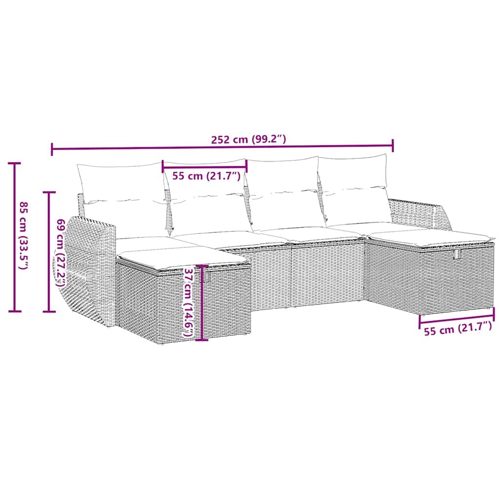 Set Divano da Giardino 6pz con Cuscini Grigio Chiaro Polyrattan