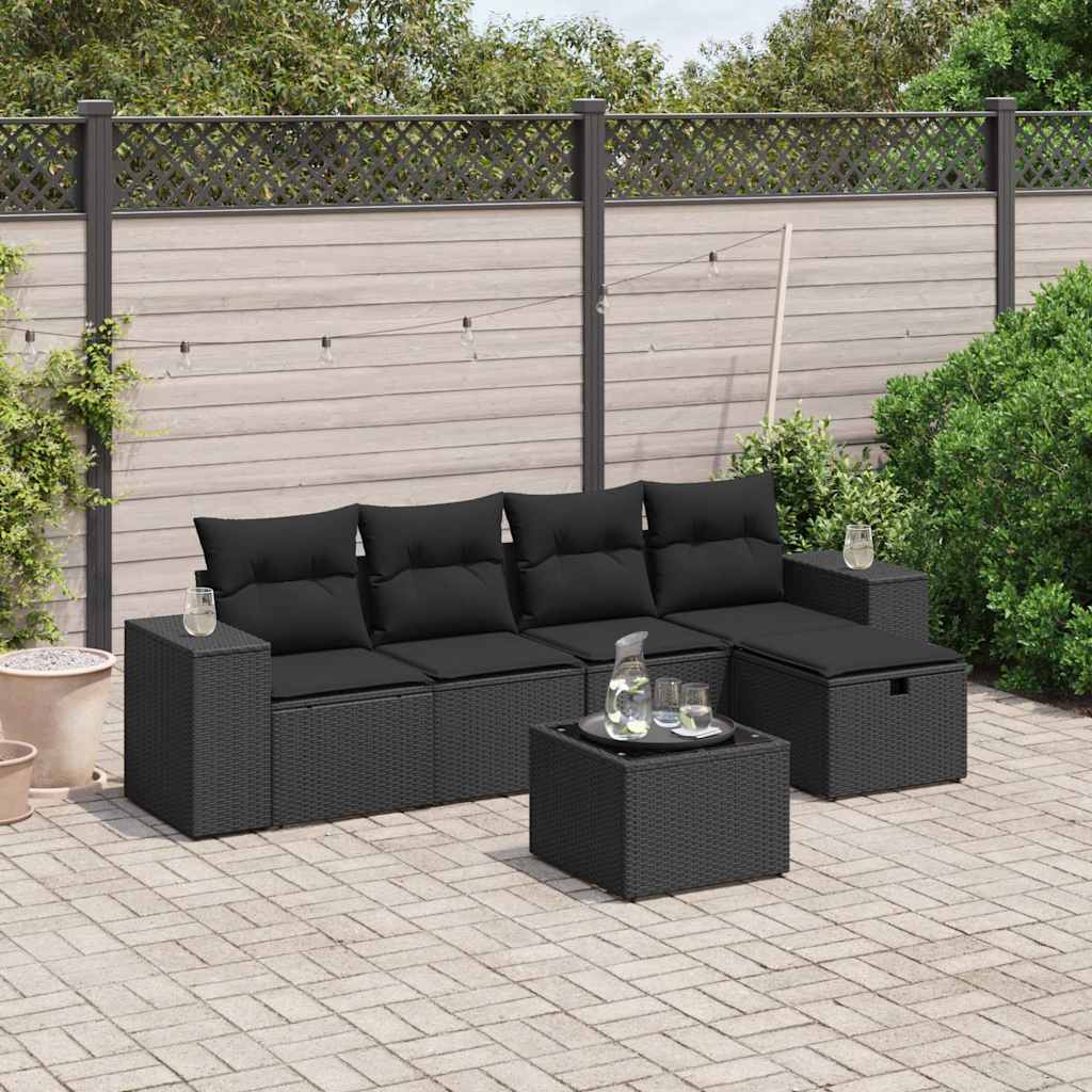 Set Divano da Giardino 6 pz con Cuscini Nero in Polyrattan