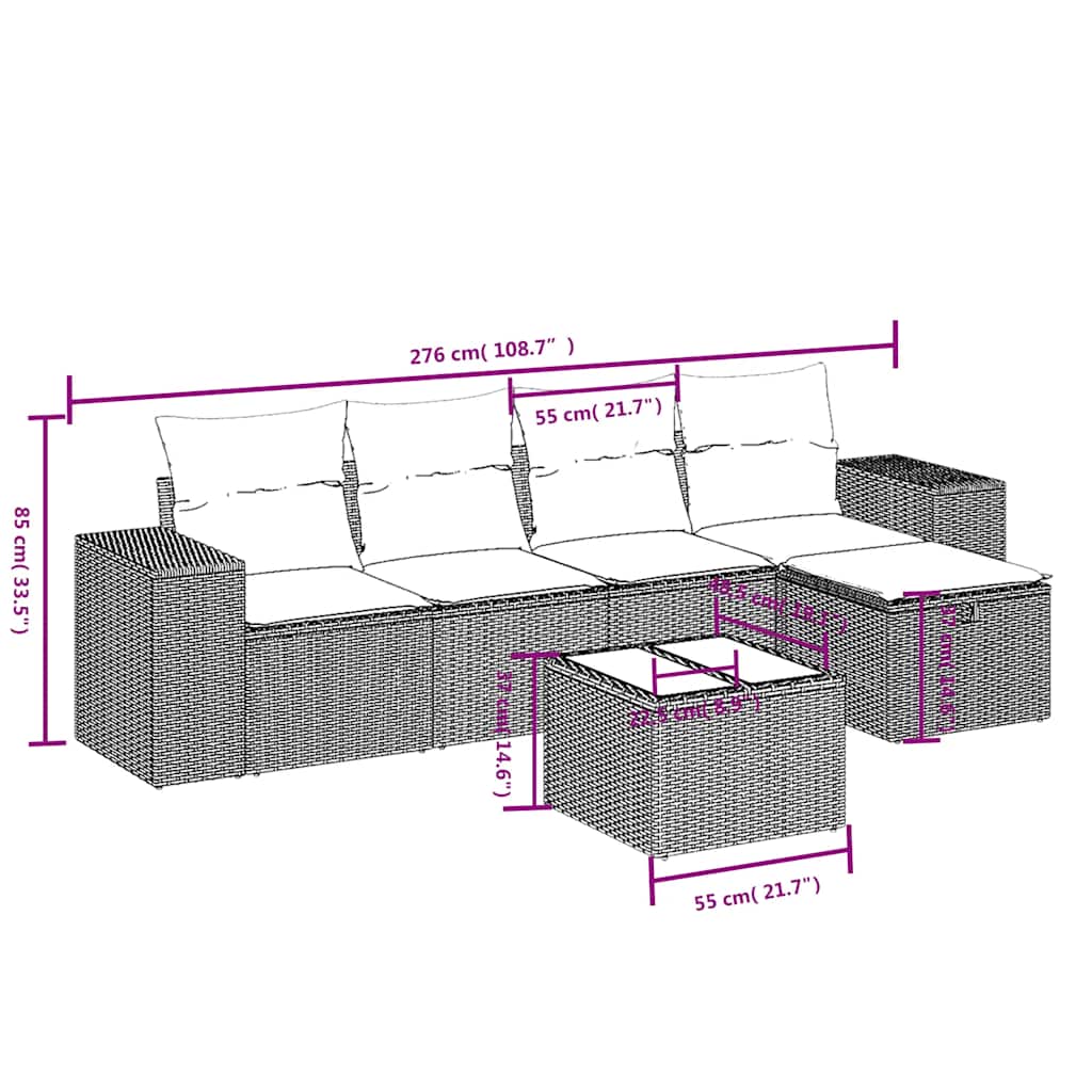 Set Divano da Giardino 6 pz con Cuscini Nero in Polyrattan