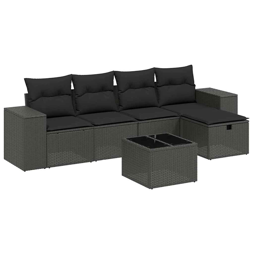 Set Divano da Giardino 6 pz con Cuscini Nero in Polyrattan