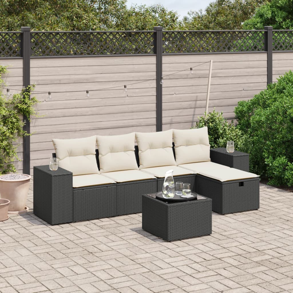 Salotto da Giardino 6 pezzi Nero in Rattan PE con Vetro