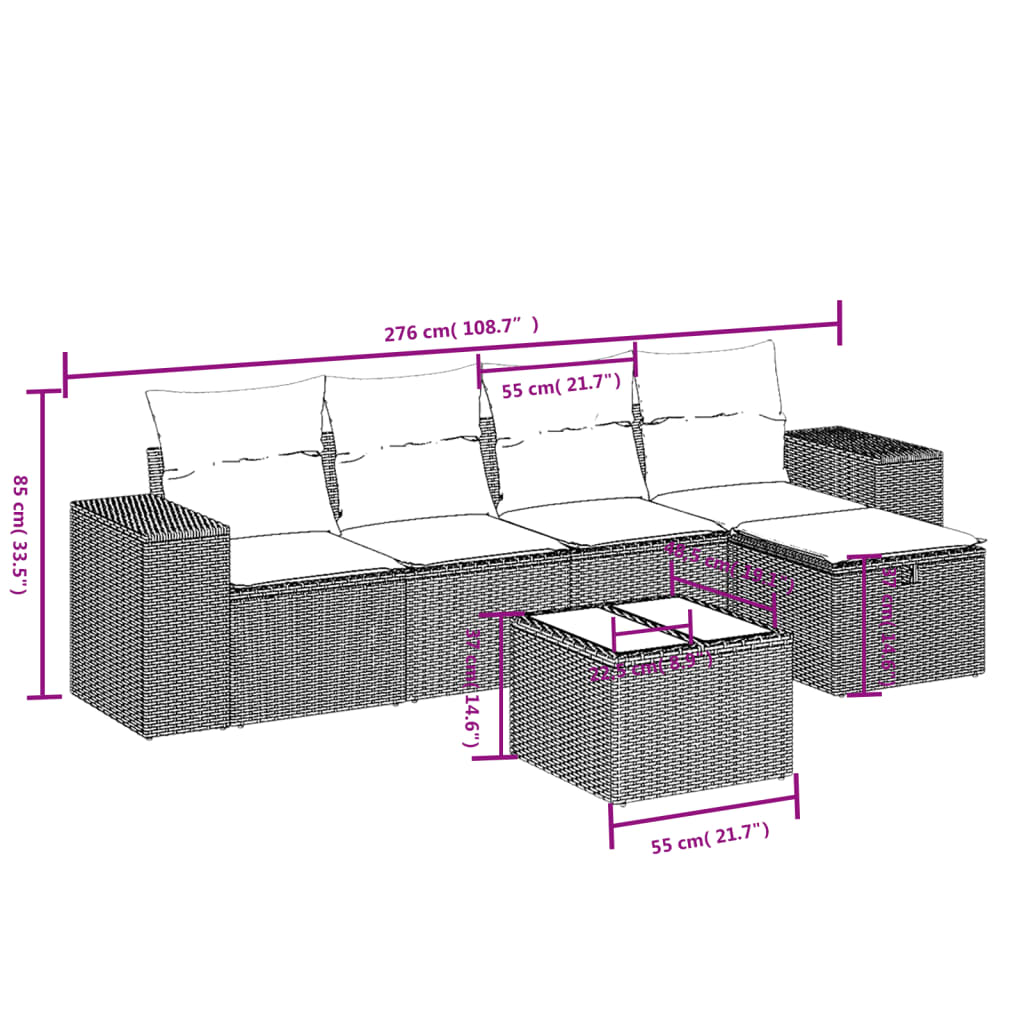 Salotto da Giardino 6 pezzi Nero in Rattan PE con Vetro
